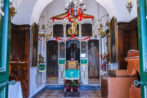 Interior view of Monastery Vlacherna on Pontikonisi Island on Corfu Island, Greece
