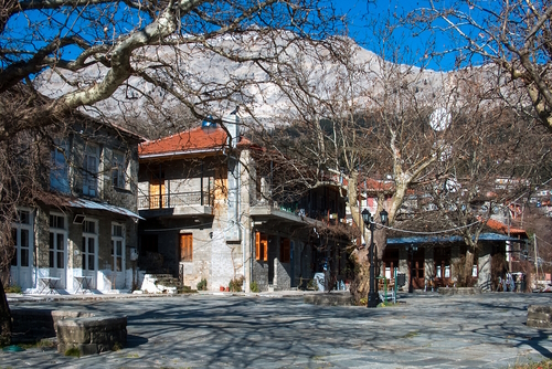 View of the central square at the village of Vourgareli, Tzoumerka, Epirus, Greece