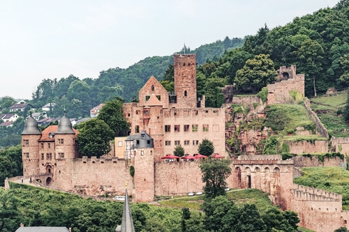 View of the ruins of the castle of Wertheim, located next to the village of Wertheim near Wurzburg, Bavaria, Germany