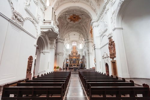 Interior view of Wurzburg Cathedral or Wurzburger Dom. It is a roman catholic cathedral in Wurzburg old town in Bavaria, Germany