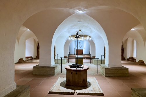 Interior view of the crypt at Wurzburg Cathedral or Wurzburger Dom. It is a roman catholic cathedral in Wurzburg old town in Bavaria, Germany