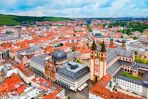 Wurzburg Cathedral and Neumunster Collegiate Church aerial panoramic view in Wurzburg old town in Bavaria, Germany