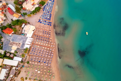 Aerial view of the beautiful Alykes beach and its facilities on Zakynthos Island (Zante), Ionian Islands, Greece