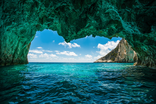 Beautiful view of the sea from Keri cave (Sea caves) on the Island of Zakynthos, Ionian Islands, Greece