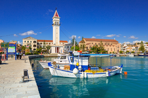 A view of the Marina with boats on the bay of Zakynthos town (Zante town) on Zakynthos Island, Ionian Islands, Greece