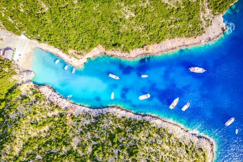 Aerial view of Vromi Beach and its beautiful surroundings on Zakynthos Island, Ionian Islands, Greece