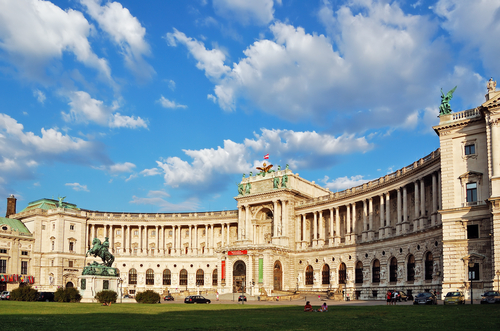 Building of the Austrian National Library under picturesque cloudy sky. Hofburg complex, Vienna, Austria