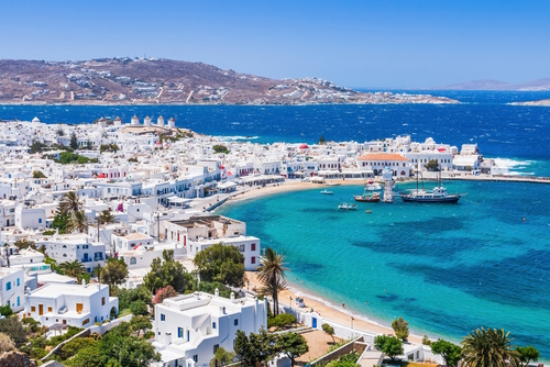 Panoramic view of Mykonos town, Cyclades islands, Island of Mykonos, Greece