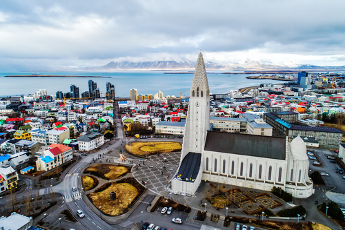 Aerial view of the famous Hallgrimskirkja Cathedral and the city of Reykjavik in Iceland