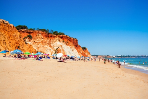Falesia beach with beauty limestone cliff in Albufeira city, Algarve region in Portugal