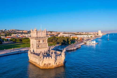 Aerial view of Torre de Belem in Lisbon, Portugal