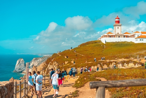 View of the Cabo da Roca Lighthouse. Sintra, Portugal. Portuguese Farol de Cabo da Roca is a cape which forms the westernmost point Eurasian land mass, Sintra, Portugal