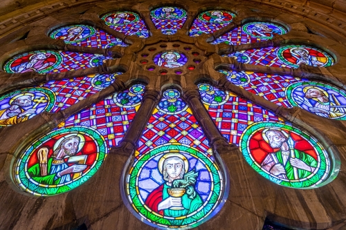 Interior view of a large gothic rose window inside Lisbon's Sé Basilica, the old cathedral of Lisbon, Portugal