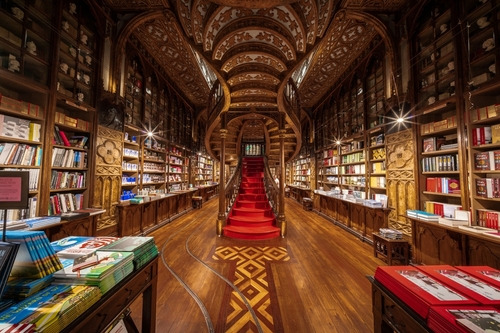 Interior view of the historic Lello Bookstore (Portuguese: Livraria Lello) in Porto (Oporto), Portugal
