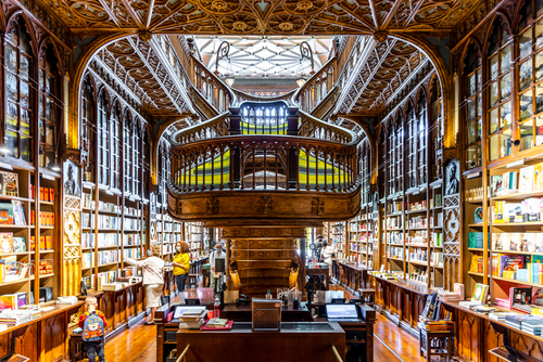 Interior view of the historic Lello Bookstore (Portuguese: Livraria Lello) in Porto (Oporto), Portugal