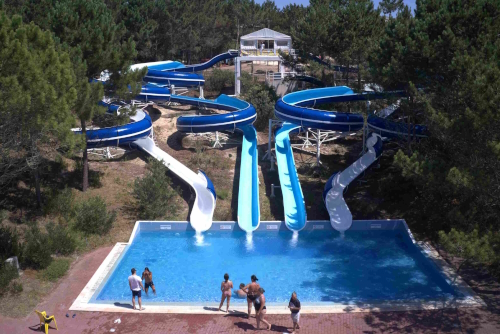 View of the pool at the bottom of the water slides at the Norpark Aquatic Park in Nazare, Portugal