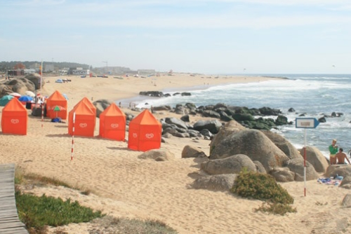 View of the Salgueiros Beach with its changing rooms facilities, Porto, Portugal