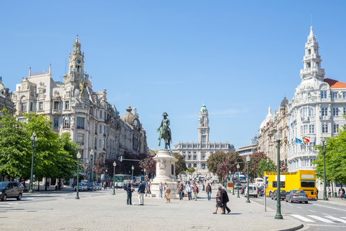 View of Liberty Square (Praça da Liberdade), one of the many famous squares in Porto, Portugal