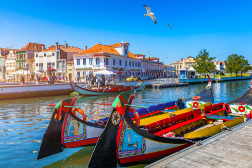 A canal in Aveiro with traditional boats