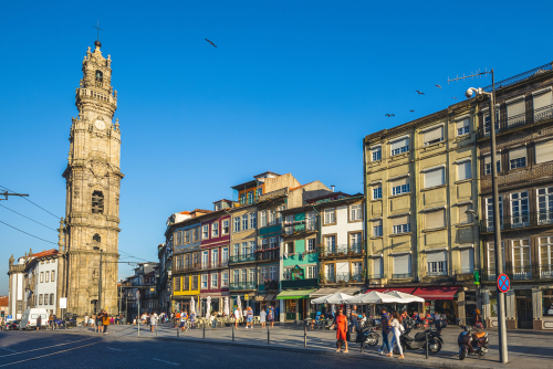 View of the Clerigos Tower, a bell tower of Clerigos Church in Porto, Portugal