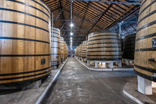 Rows of large oak barrels of port wine inside the cellar of the Real Companhia Velha company, Porto, Portugal