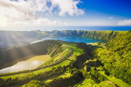 View of Sete Cidades near Miradouro da Grota do Inferno viewpoint, Sao Miguel Island, Azores Islands, Portugal