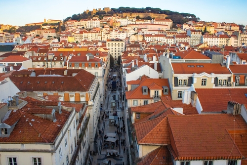 View from the Santa Justa lift, Elevador de Santa Justa, towards the Castelo do Sao Jorge, Lisbon, Portugal