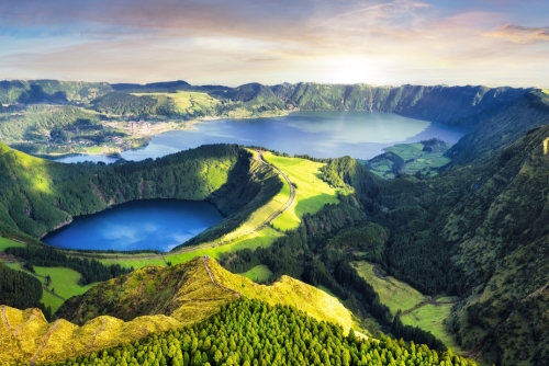 Dramatic sunset over Sete Cidades volcanic lake, Sao Miguel Island, Azores Islands, Portugal