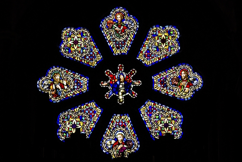 The Rosette window of the Porto Cathedral or Se Catedral do Porto. Romanesque and gothic architecture. Unesco World Heritage Site of Portugal